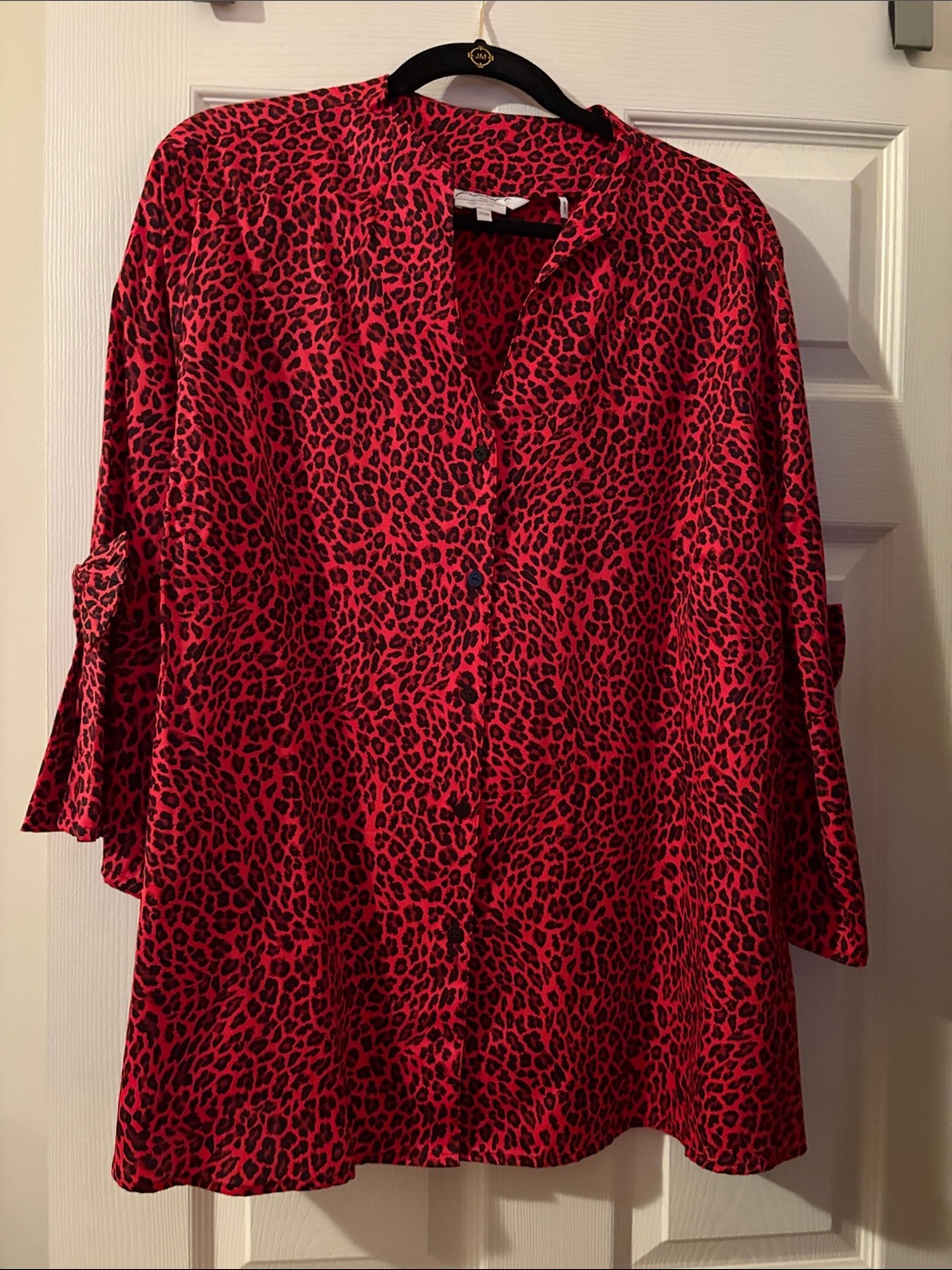 Foxcroft Red and Black Leopard Print Button-Front Blouse